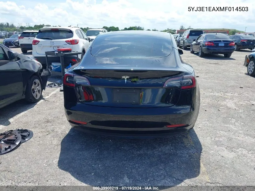 2021 Tesla Model 3 Standard Range Plus Rear-Wheel Drive VIN: 5YJ3E1EAXMF014503 Lot: 39900219