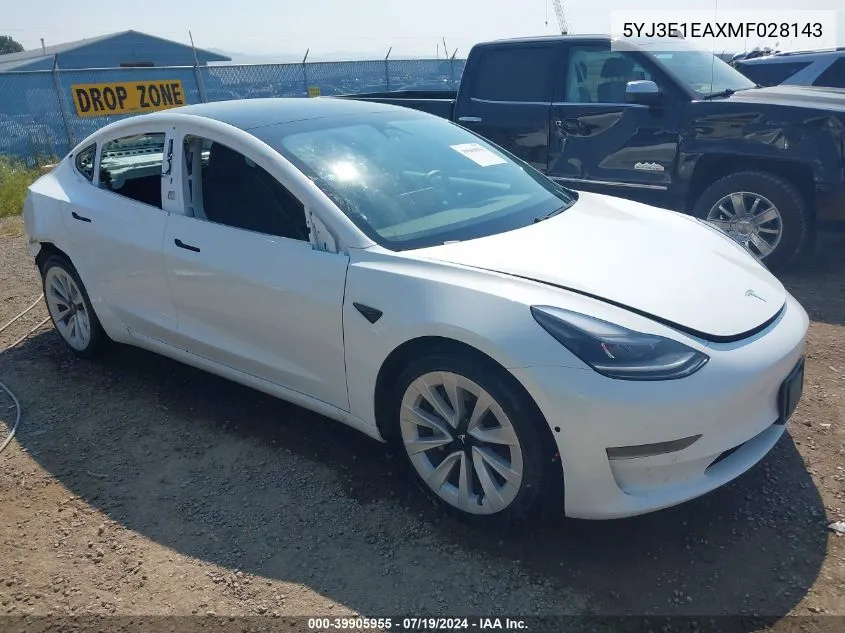 2021 Tesla Model 3 Standard Range Plus Rear-Wheel Drive VIN: 5YJ3E1EAXMF028143 Lot: 39905955