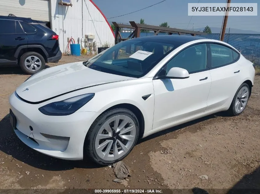 2021 Tesla Model 3 Standard Range Plus Rear-Wheel Drive VIN: 5YJ3E1EAXMF028143 Lot: 39905955