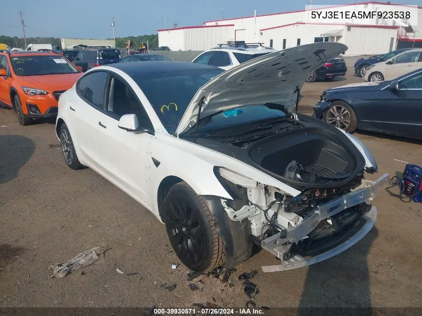 2021 Tesla Model 3 Standard Range Plus Rear-Wheel Drive VIN: 5YJ3E1EA5MF923538 Lot: 39930571