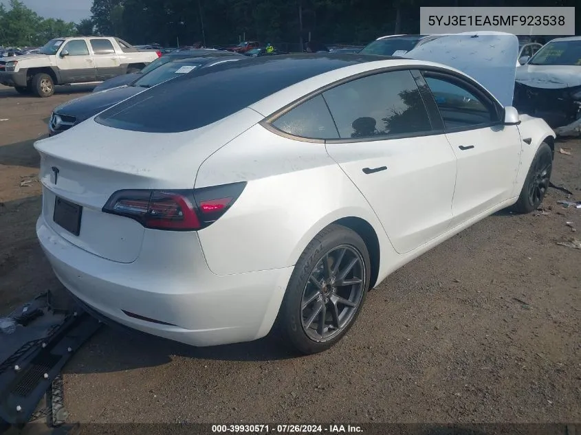 2021 Tesla Model 3 Standard Range Plus Rear-Wheel Drive VIN: 5YJ3E1EA5MF923538 Lot: 39930571