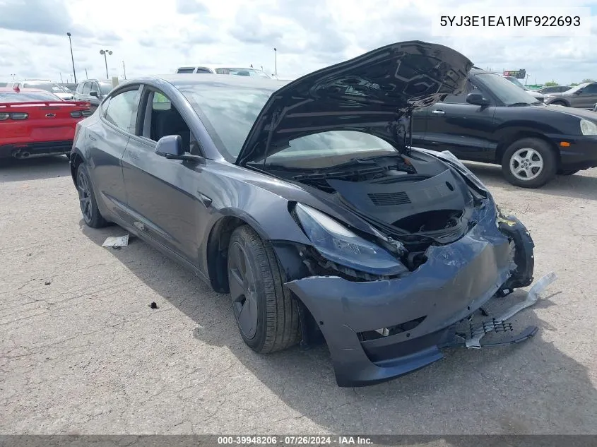 2021 Tesla Model 3 Standard Range Plus Rear-Wheel Drive VIN: 5YJ3E1EA1MF922693 Lot: 39948206