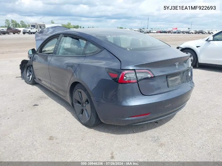 2021 Tesla Model 3 Standard Range Plus Rear-Wheel Drive VIN: 5YJ3E1EA1MF922693 Lot: 39948206