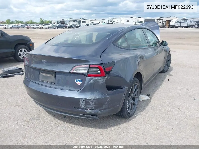 5YJ3E1EA1MF922693 2021 Tesla Model 3 Standard Range Plus Rear-Wheel Drive