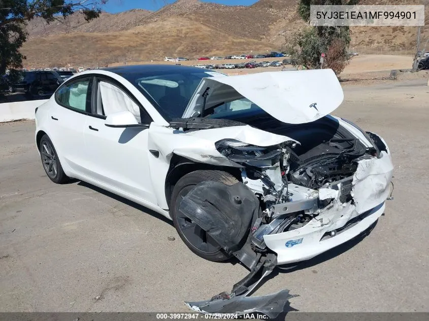 2021 Tesla Model 3 Standard Range Plus Rear-Wheel Drive VIN: 5YJ3E1EA1MF994901 Lot: 39972947