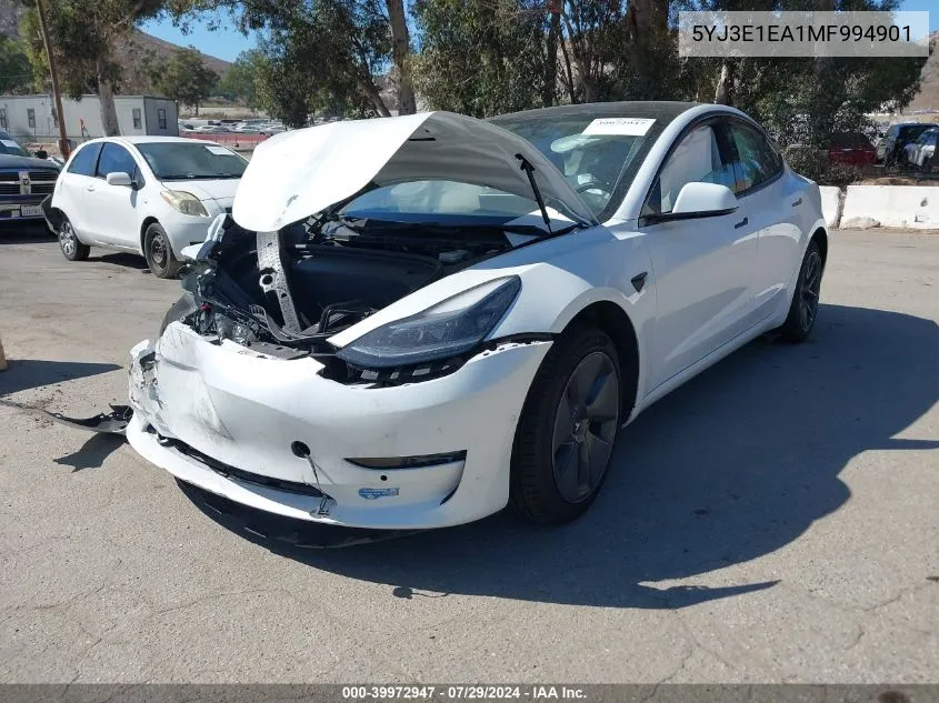 2021 Tesla Model 3 Standard Range Plus Rear-Wheel Drive VIN: 5YJ3E1EA1MF994901 Lot: 39972947