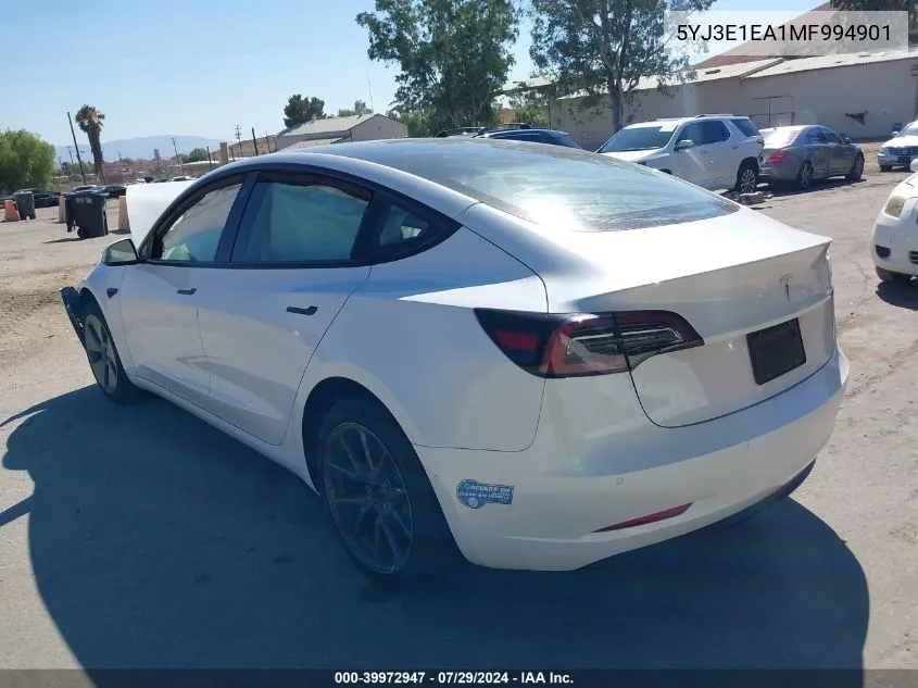 5YJ3E1EA1MF994901 2021 Tesla Model 3 Standard Range Plus Rear-Wheel Drive