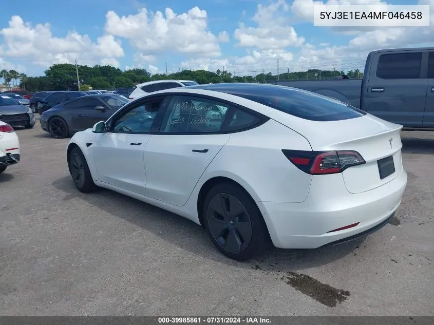 2021 Tesla Model 3 Standard Range Plus Rear-Wheel Drive VIN: 5YJ3E1EA4MF046458 Lot: 39985861