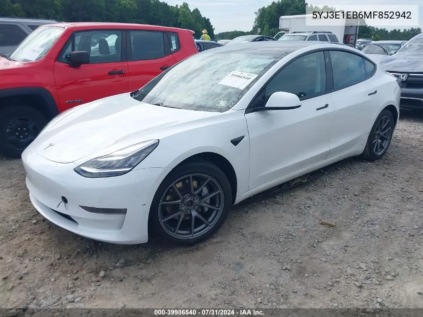 2021 Tesla Model 3 Long Range Dual Motor All-Wheel Drive VIN: 5YJ3E1EB6MF852942 Lot: 39986540