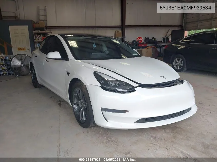 2021 Tesla Model 3 Standard Range Plus Rear-Wheel Drive VIN: 5YJ3E1EA0MF939534 Lot: 39997938