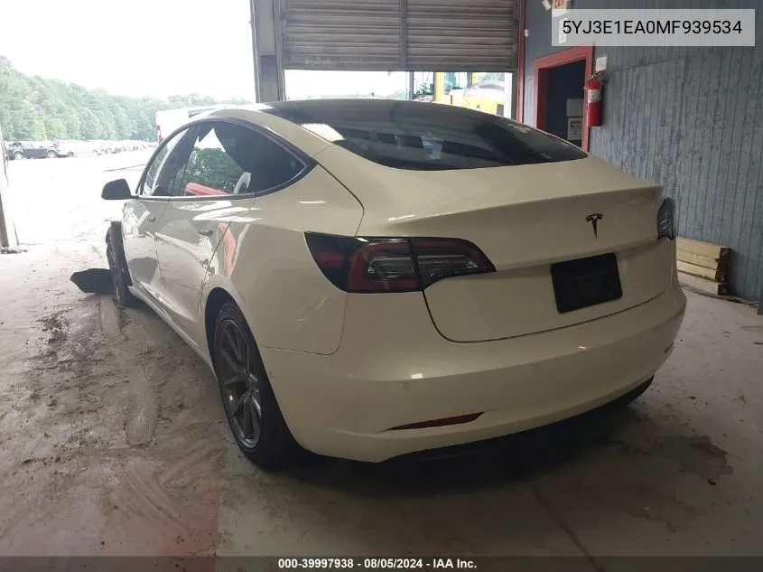 2021 Tesla Model 3 Standard Range Plus Rear-Wheel Drive VIN: 5YJ3E1EA0MF939534 Lot: 39997938