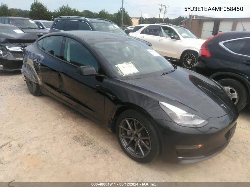 2021 Tesla Model 3 Standard Range Plus Rear-Wheel Drive VIN: 5YJ3E1EA4MF058450 Lot: 40001911