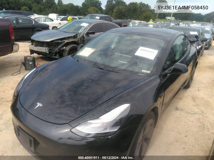 2021 Tesla Model 3 Standard Range Plus Rear-Wheel Drive VIN: 5YJ3E1EA4MF058450 Lot: 40001911