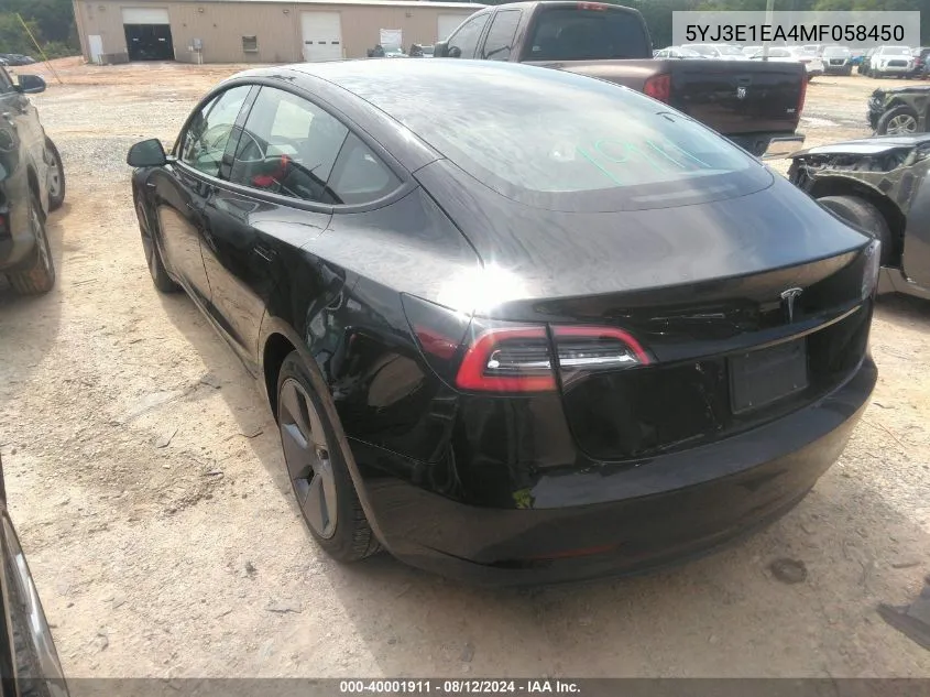 2021 Tesla Model 3 Standard Range Plus Rear-Wheel Drive VIN: 5YJ3E1EA4MF058450 Lot: 40001911