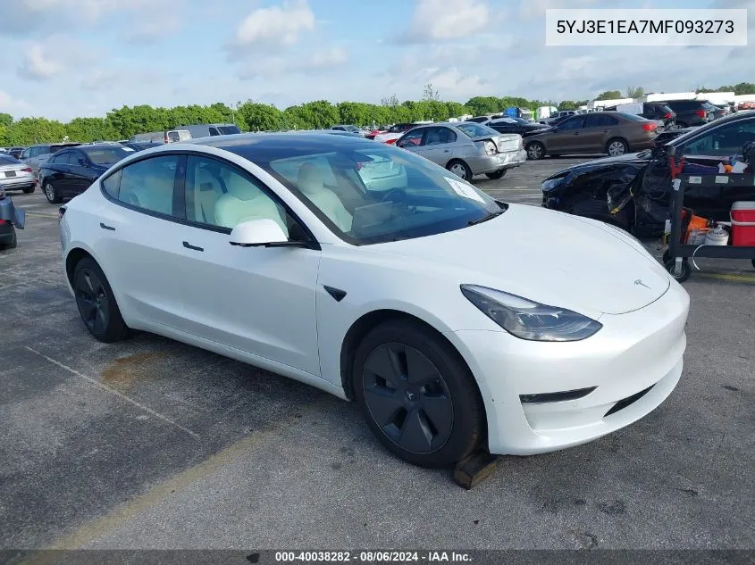 2021 Tesla Model 3 Standard Range Plus Rear-Wheel Drive VIN: 5YJ3E1EA7MF093273 Lot: 40038282