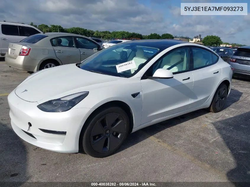 2021 Tesla Model 3 Standard Range Plus Rear-Wheel Drive VIN: 5YJ3E1EA7MF093273 Lot: 40038282