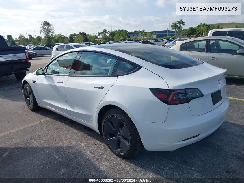 2021 Tesla Model 3 Standard Range Plus Rear-Wheel Drive VIN: 5YJ3E1EA7MF093273 Lot: 40038282