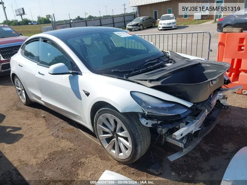 2021 Tesla Model 3 Standard Range Plus Rear-Wheel Drive VIN: 5YJ3E1EA5MF851319 Lot: 40047086