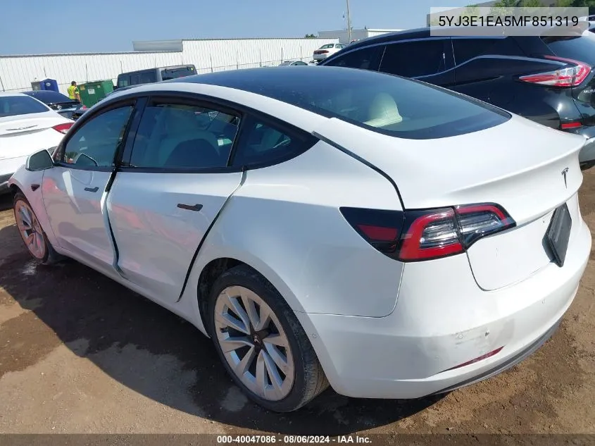 2021 Tesla Model 3 Standard Range Plus Rear-Wheel Drive VIN: 5YJ3E1EA5MF851319 Lot: 40047086