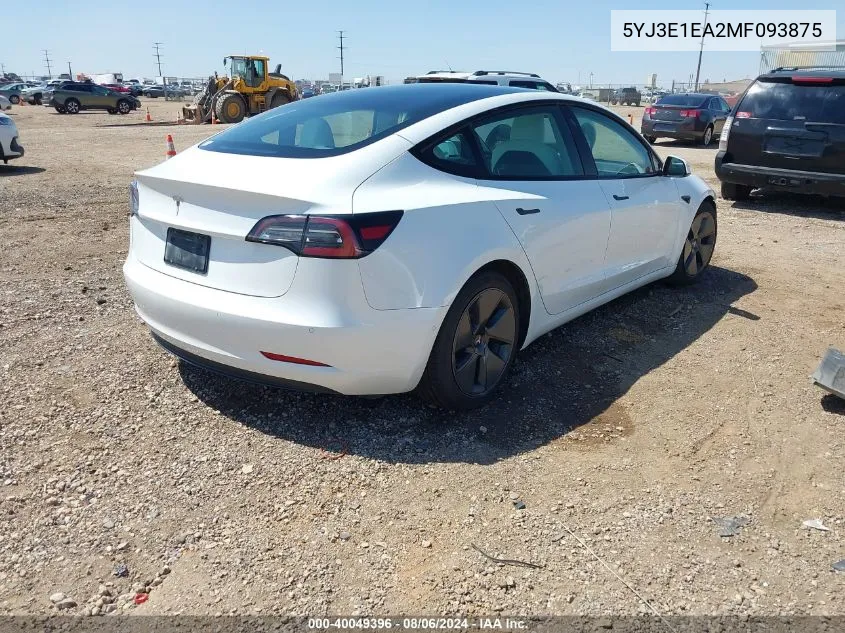 2021 Tesla Model 3 Standard Range Plus Rear-Wheel Drive VIN: 5YJ3E1EA2MF093875 Lot: 40049396