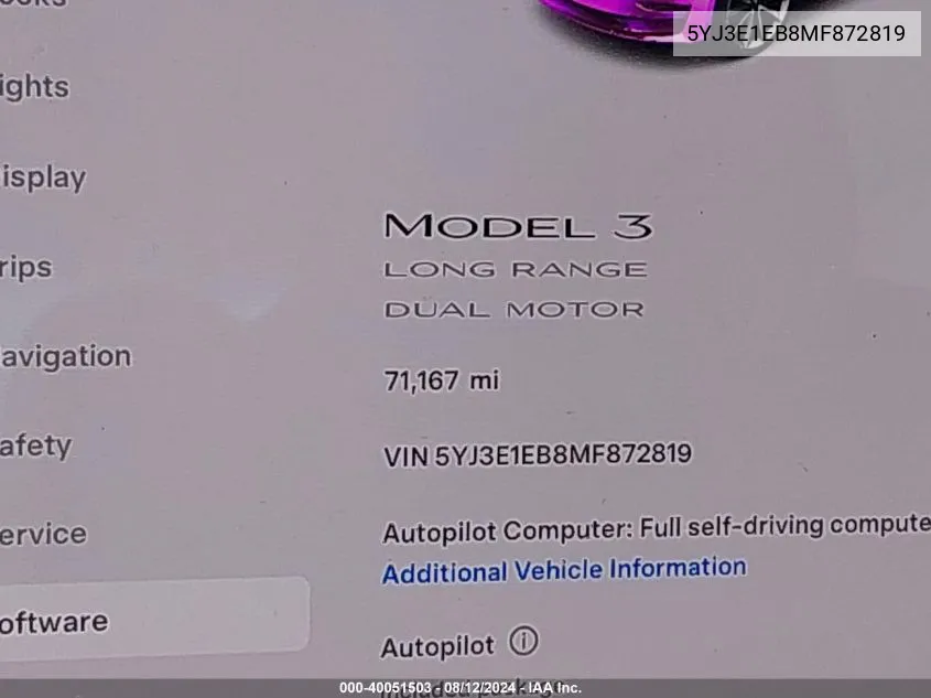 2021 Tesla Model 3 Long Range Dual Motor All-Wheel Drive VIN: 5YJ3E1EB8MF872819 Lot: 40051503