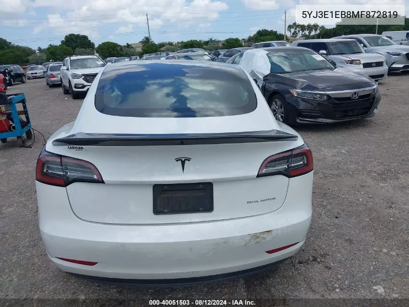 2021 Tesla Model 3 Long Range Dual Motor All-Wheel Drive VIN: 5YJ3E1EB8MF872819 Lot: 40051503