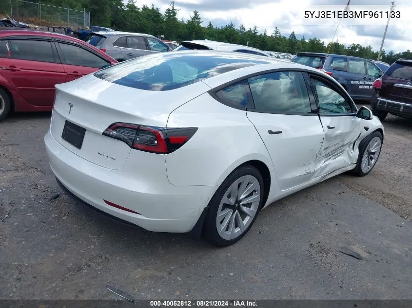 2021 Tesla Model 3 VIN: 5YJ3E1EB3MF961133 Lot: 40052812