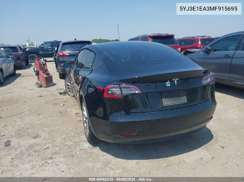 2021 Tesla Model 3 Standard Range Plus Rear-Wheel Drive VIN: 5YJ3E1EA3MF915695 Lot: 40065332