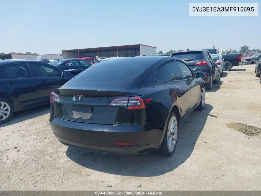 2021 Tesla Model 3 Standard Range Plus Rear-Wheel Drive VIN: 5YJ3E1EA3MF915695 Lot: 40065332