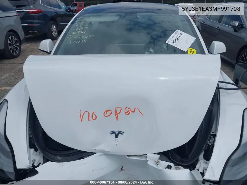 2021 Tesla Model 3 Standard Range Plus Rear-Wheel Drive VIN: 5YJ3E1EA3MF991708 Lot: 40067154