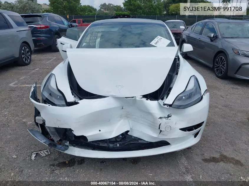 2021 Tesla Model 3 Standard Range Plus Rear-Wheel Drive VIN: 5YJ3E1EA3MF991708 Lot: 40067154