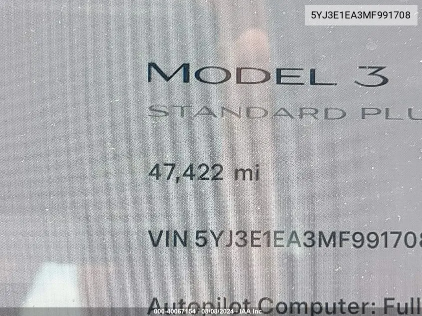 2021 Tesla Model 3 Standard Range Plus Rear-Wheel Drive VIN: 5YJ3E1EA3MF991708 Lot: 40067154