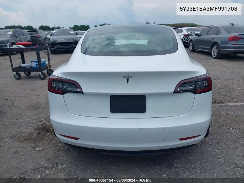 2021 Tesla Model 3 Standard Range Plus Rear-Wheel Drive VIN: 5YJ3E1EA3MF991708 Lot: 40067154