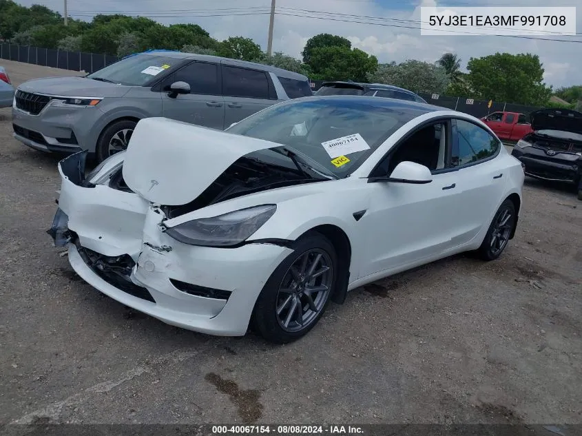 2021 Tesla Model 3 Standard Range Plus Rear-Wheel Drive VIN: 5YJ3E1EA3MF991708 Lot: 40067154