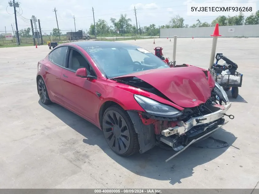 2021 Tesla Model 3 Performance Dual Motor All-Wheel Drive VIN: 5YJ3E1ECXMF936268 Lot: 40080005