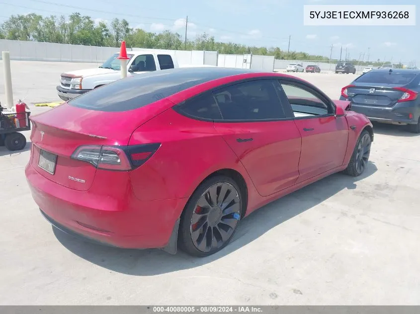 2021 Tesla Model 3 Performance Dual Motor All-Wheel Drive VIN: 5YJ3E1ECXMF936268 Lot: 40080005