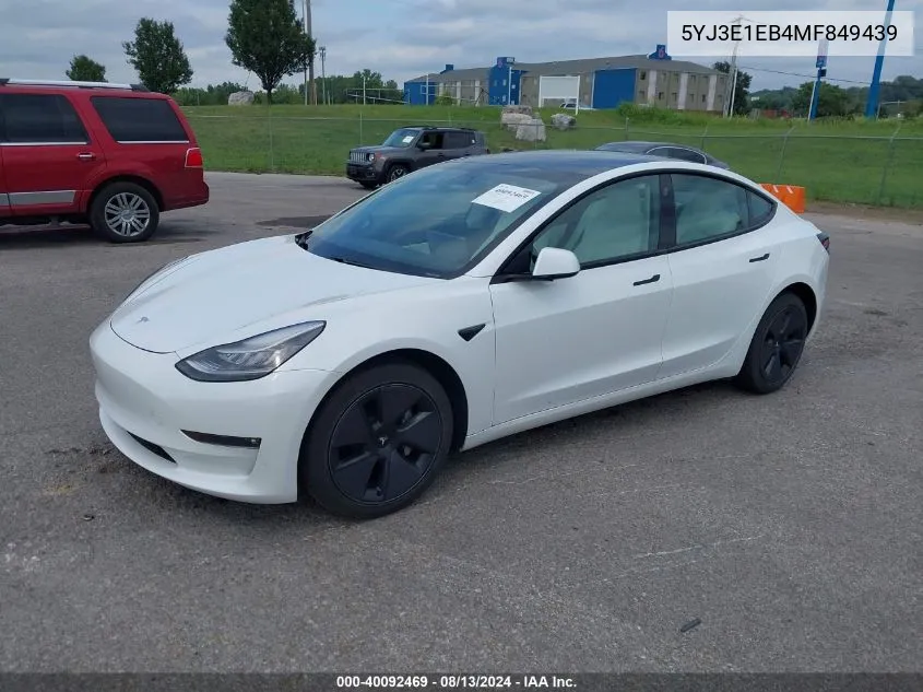 2021 Tesla Model 3 Long Range Dual Motor All-Wheel Drive VIN: 5YJ3E1EB4MF849439 Lot: 40092469