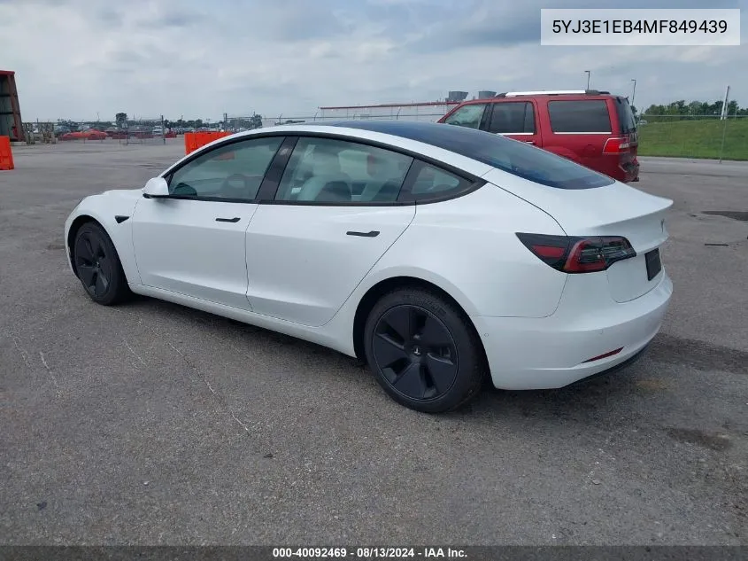 2021 Tesla Model 3 Long Range Dual Motor All-Wheel Drive VIN: 5YJ3E1EB4MF849439 Lot: 40092469