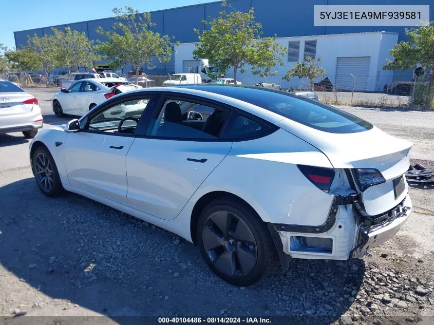 2021 Tesla Model 3 Standard Range Plus Rear-Wheel Drive VIN: 5YJ3E1EA9MF939581 Lot: 40104486