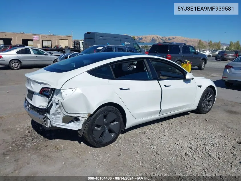 2021 Tesla Model 3 Standard Range Plus Rear-Wheel Drive VIN: 5YJ3E1EA9MF939581 Lot: 40104486