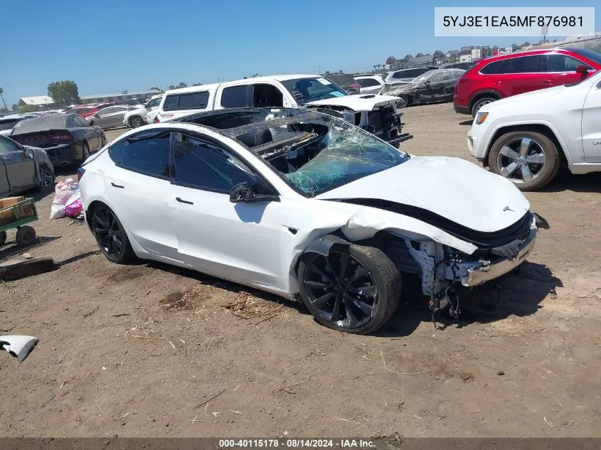 2021 Tesla Model 3 Standard Range Plus Rear-Wheel Drive VIN: 5YJ3E1EA5MF876981 Lot: 40115178