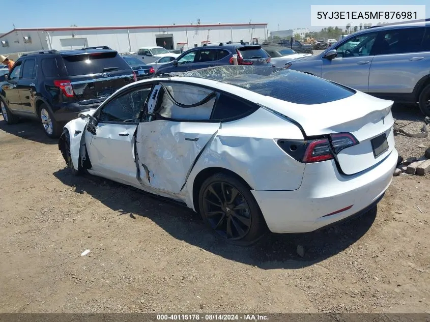 2021 Tesla Model 3 Standard Range Plus Rear-Wheel Drive VIN: 5YJ3E1EA5MF876981 Lot: 40115178