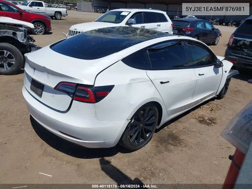 2021 Tesla Model 3 Standard Range Plus Rear-Wheel Drive VIN: 5YJ3E1EA5MF876981 Lot: 40115178