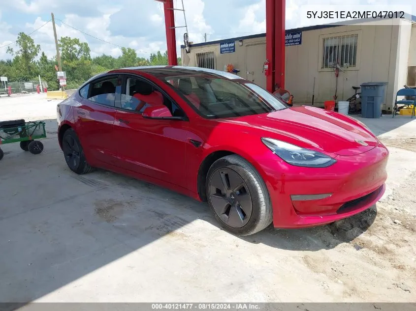 2021 Tesla Model 3 Standard Range Plus Rear-Wheel Drive VIN: 5YJ3E1EA2MF047012 Lot: 40121477