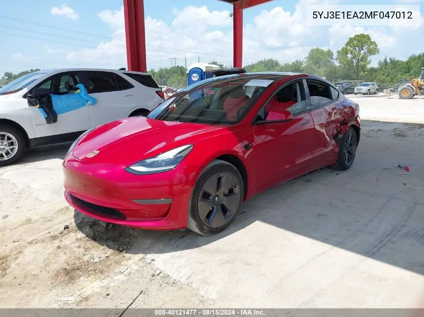 2021 Tesla Model 3 Standard Range Plus Rear-Wheel Drive VIN: 5YJ3E1EA2MF047012 Lot: 40121477