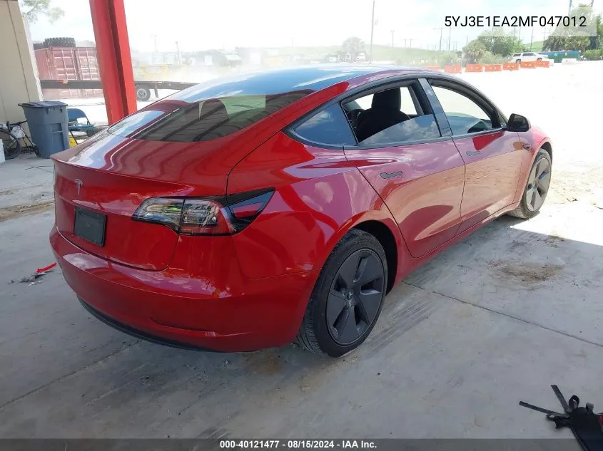 2021 Tesla Model 3 Standard Range Plus Rear-Wheel Drive VIN: 5YJ3E1EA2MF047012 Lot: 40121477