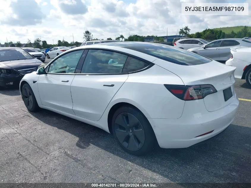 2021 Tesla Model 3 VIN: 5YJ3E1EA5MF987109 Lot: 40142701