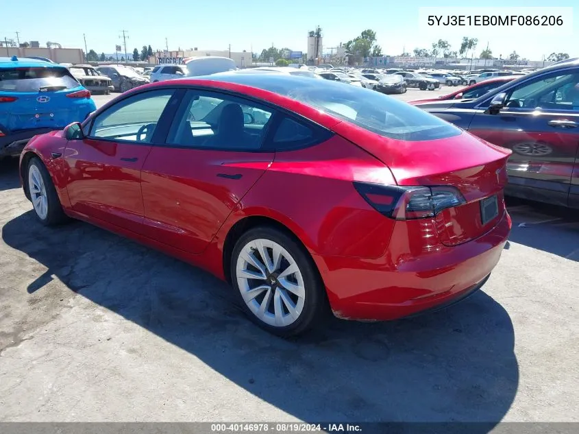 2021 Tesla Model 3 Long Range Dual Motor All-Wheel Drive VIN: 5YJ3E1EB0MF086206 Lot: 40146978