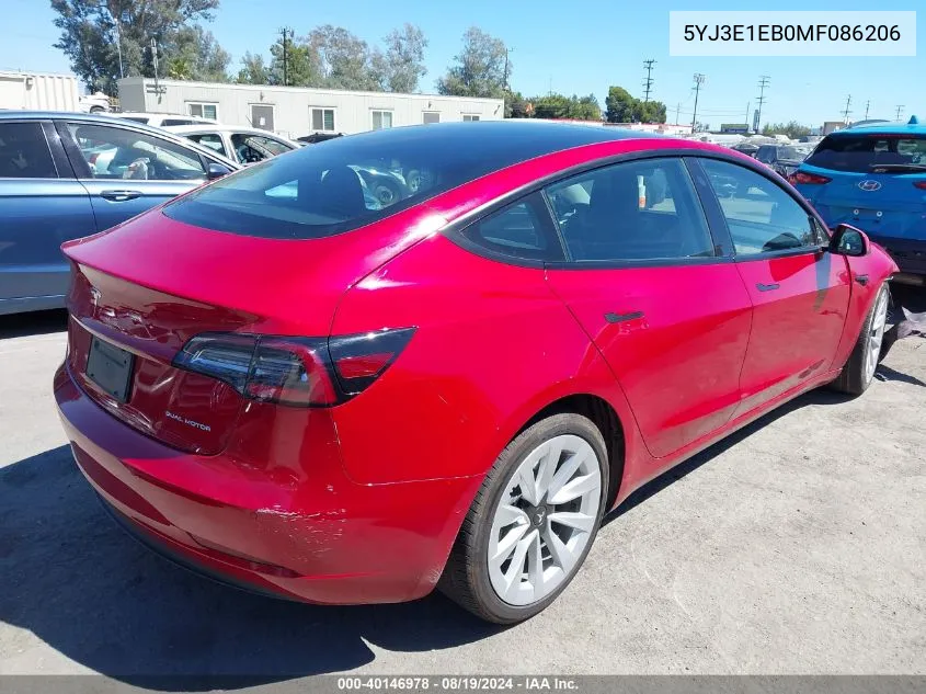 2021 Tesla Model 3 Long Range Dual Motor All-Wheel Drive VIN: 5YJ3E1EB0MF086206 Lot: 40146978