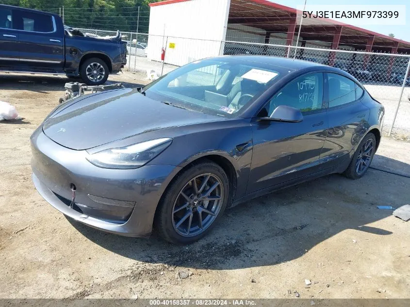 2021 Tesla Model 3 Standard Range Plus Rear-Wheel Drive VIN: 5YJ3E1EA3MF973399 Lot: 40158357